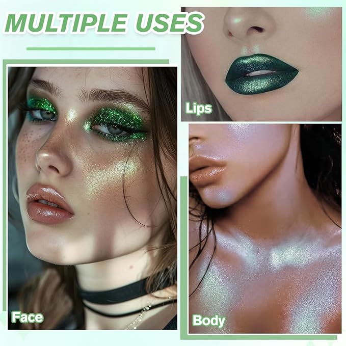 Highlighter Makeup Palette, Long Lasting New Formula, Dazzling Green-Silver Shimmer, Sheer Base, Ideal for Face and Body Contour and Cheek Highlight (#04)