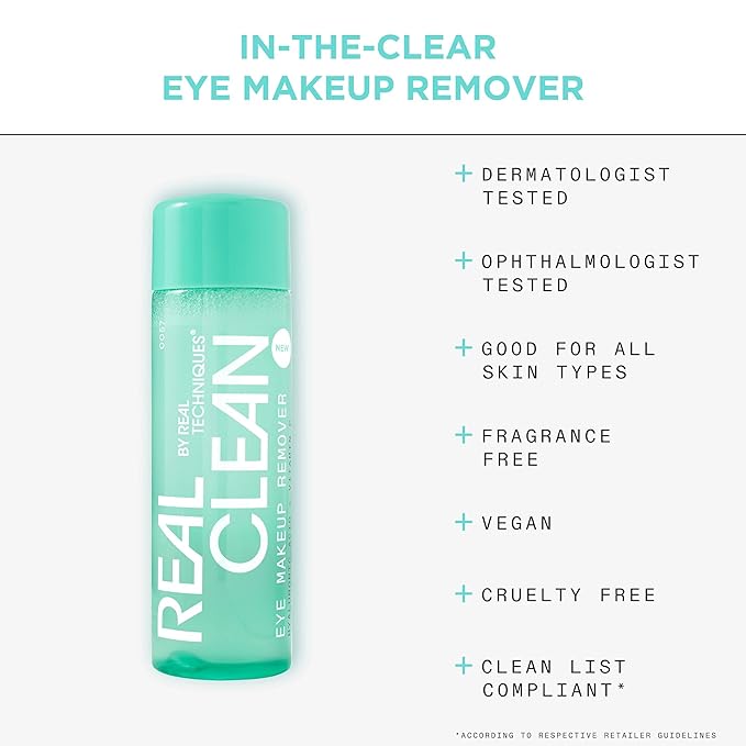 Real Techniques Real Clean In-The-Clear Eye Makeup Remover, Gentle Liquid Makeup Remover, Skin Repair Ingredients, Hyaluronic Acid & Vitamin C, Vegan & Cruelty-Free, 4 fl.oz./110 mL Bottle