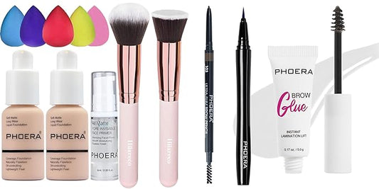 PHOERA Foundation Makeup for Wome Full Coverage Foundation Set,PHOERA Eye Makeup Kit, Include Eyebrow Pencil,Eyeliner and Eyebrow Gel Clear,Face Primer Foundation Brush Powder Brush