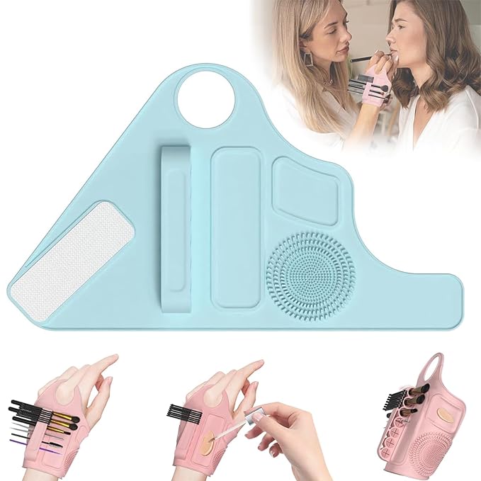 Makeup Palette Silicone Wristband - Mixing Palette Tray Brush Holder for Cosmetic Brushes Eyeshadow Eyeliner - Beauty Tool for Makeup Artists Beauty Salons (Blue)