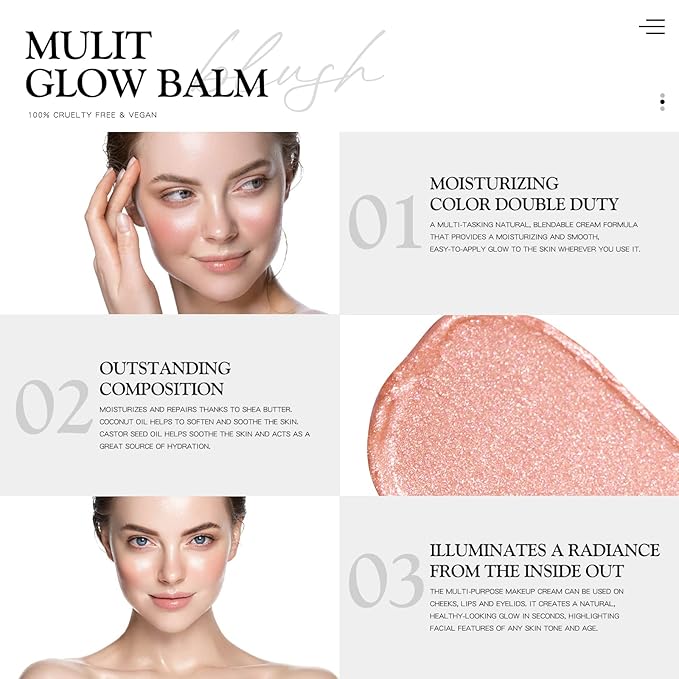 Cream Blush for Cheeks Radiant Finish, Hydrating, Creamy, Lightweight & Blendable Color, Vegan & Smooth Lip Color Balm, Hydrating Vitamin E