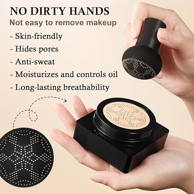 Mushroom Head Air Cushion CC Cream Set,3PCS BB Cream Full Coverage Foundation,Moisturizing Oil Control CC Cream Cushion Foundation,Matte Nude Makeup Foundation & Makeup Sponge (Natural)