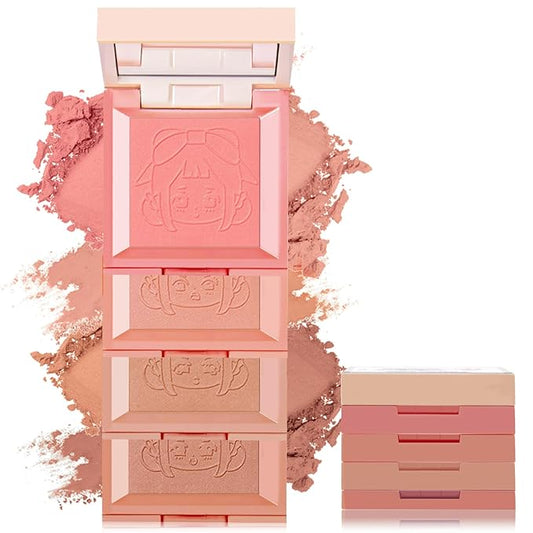 4 in 1 Blush Palette, 4 Colors Matte Face Powder Blush for Cheek, Strawberry Red, Poppy Peach, Shy Pink, Coral Orange Face Rouge Long Lasting High Pigment Lightweight Korean Blush Makeup03#