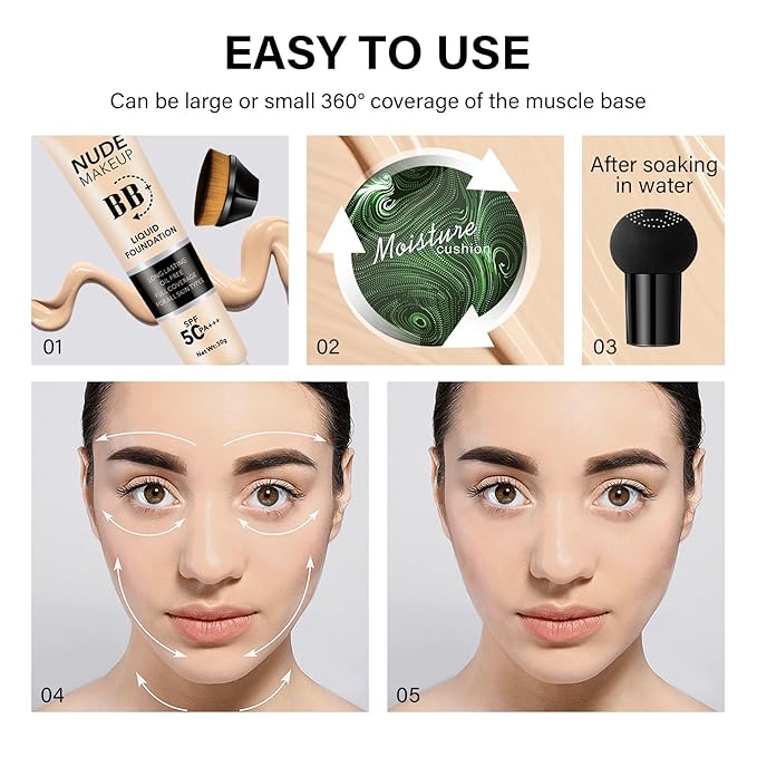2PCS Mushroom Head Air Cushion CC Cream, Moisturizing Lasting Oil Control BB Cream for All Skin Types, Full Coverage Concealer Liquid Foundation Face Makeup Set with Foundation Brush & Makeup Sponge C