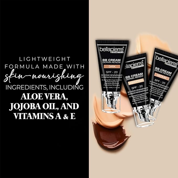 bellapierre BB Cream with SPF 20 - Tinted Sunscreen, Concealer, Matte Foundation, & Moisturizing Face Cream | Lightweight Formula + Pump Top Applicator | Non-Toxic & Paraben Free | 1.7 Oz - Medium
