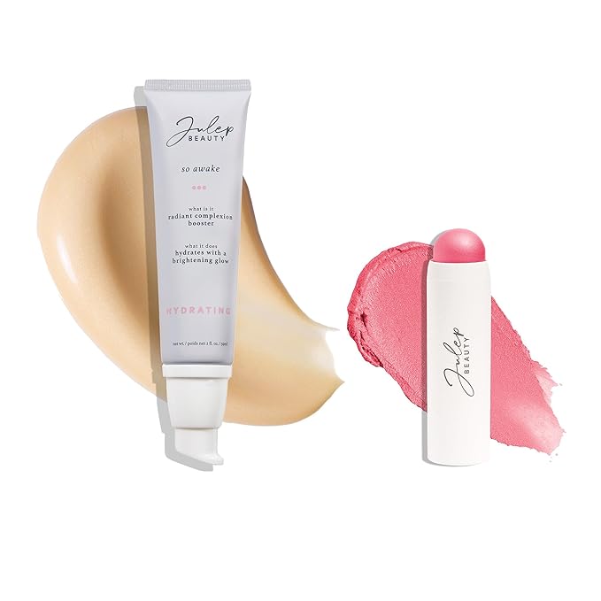 Julep Radiant Glow Duo: So Awake Snail Mucin Complexion Booster Moisturizer + Face Primer & Skip The Brush Cream-to-Powder Blush Stick in Peony Pink Makeup & Skincare Set