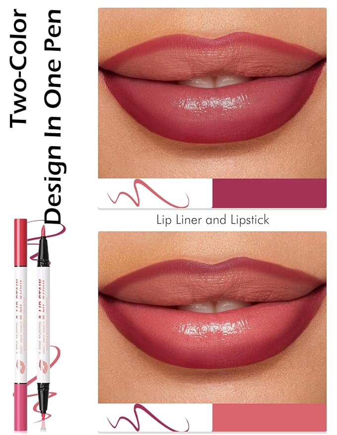 Double-headed Lip Liner Stain Long Lasting Waterproof 2 Colors Liquid Lip Liner Pencil Marker High Pigmented Smooth Application Precise Pen-Like & Chisel Tip Hydrating Lipstick for Women, 02