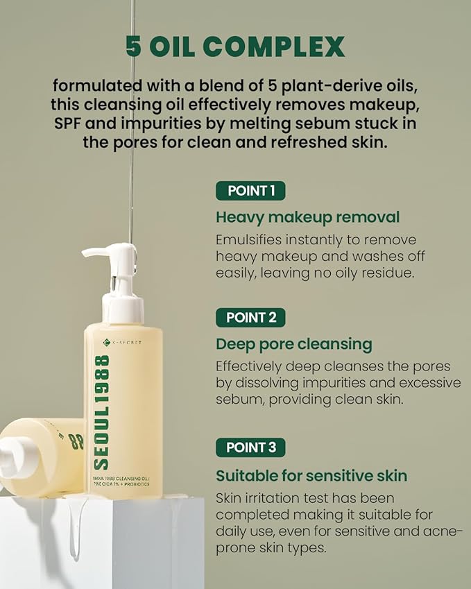 KSECRET SEOUL 1988 Cleansing Oil : Pine Cica 1% + Probiotics, 200ml/6.76fl.oz.