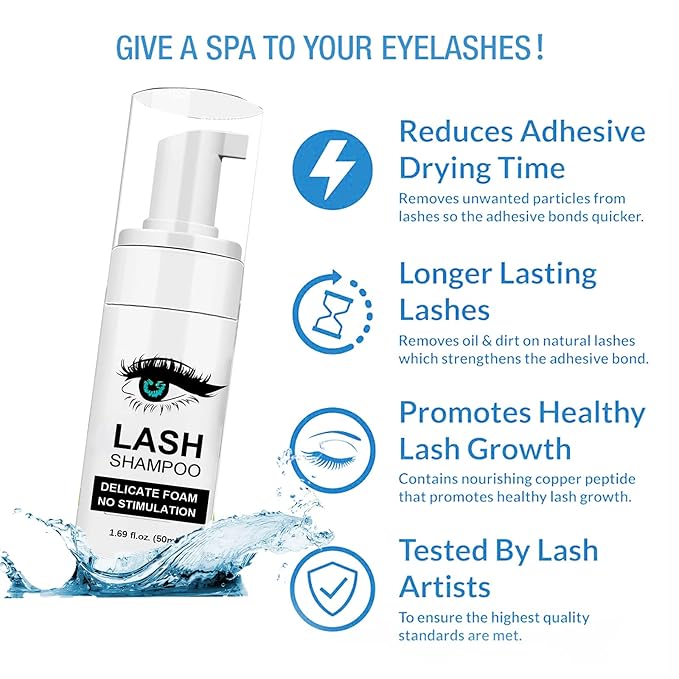 Lash Shampoo for Lash Extensions, 50ml Eyelash Foam Cleanser and 50 Pcs Eyelash Brush and Rinse Bottle Mini Fan Oil Free/Sulfate Free Eyelash Wash Remover For Eyelash Extension Makeup Removel