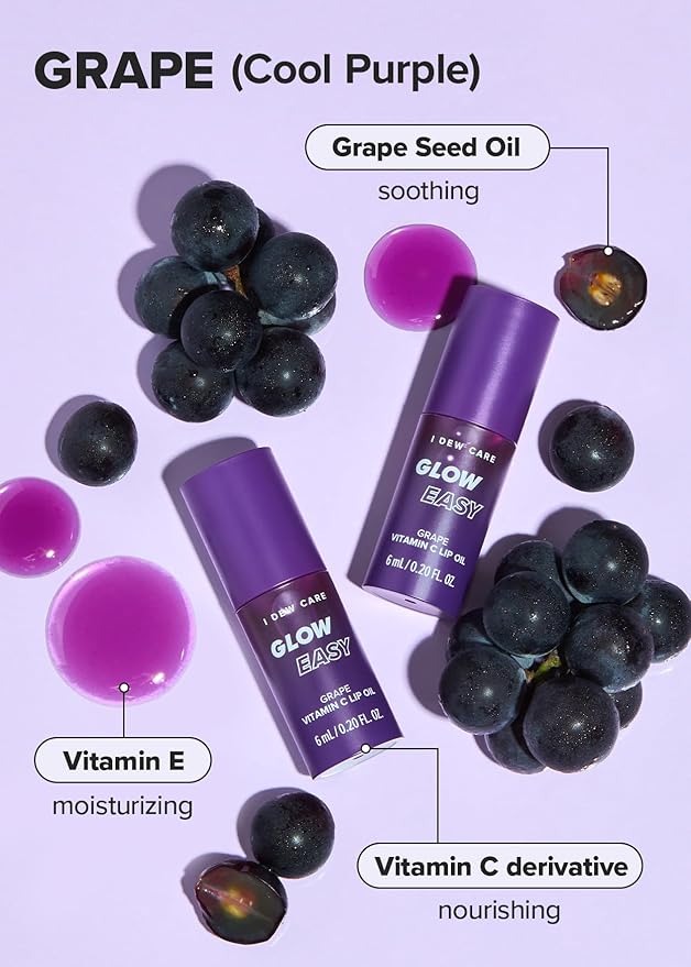 I DEW CARE Lip Gloss - Glow Easy Grape | Jojoba Seed Oil, Vitamin C, Pigmented Glossy Stain, Hydrating, Korean Makeup, Pink Color, Moisturizing, Nourishing Crystal, 0.20 FL Oz