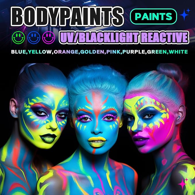Go Ho Neon Yellow Body Paint Washable(2.37oz,70ml),under UV Blacklight Neon Face Paint,Water Based Neon Fluorescent Yellow Face Paint for Adults Children SFX Cosplay Costumes Halloween Makeup