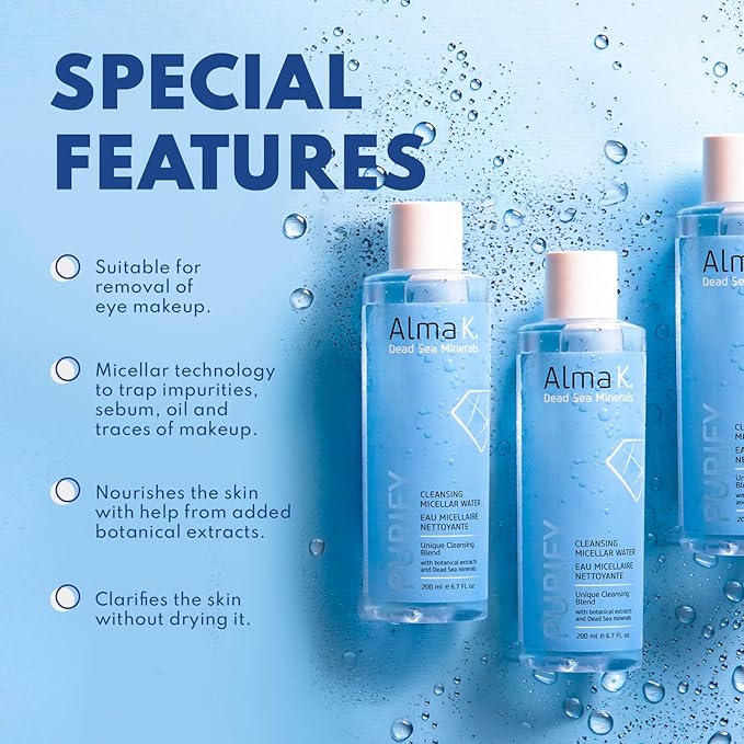 ALMA K Cleansing Micellar Water - Soothing Makeup Remover - Non-Drying for All Skin Types - Water-Based Gentle Facial Cleanser with Aloe Vera - 6.7 oz