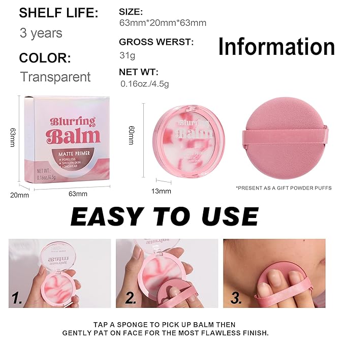 Poreless Face Blurring Primer & Oil Control Setting Powder Longwear 3D Blurring Balm, Waterproof Lightweight Flawless Skin Poreless Primer, Oil-Controlling Face Powder Soft Focus Effect