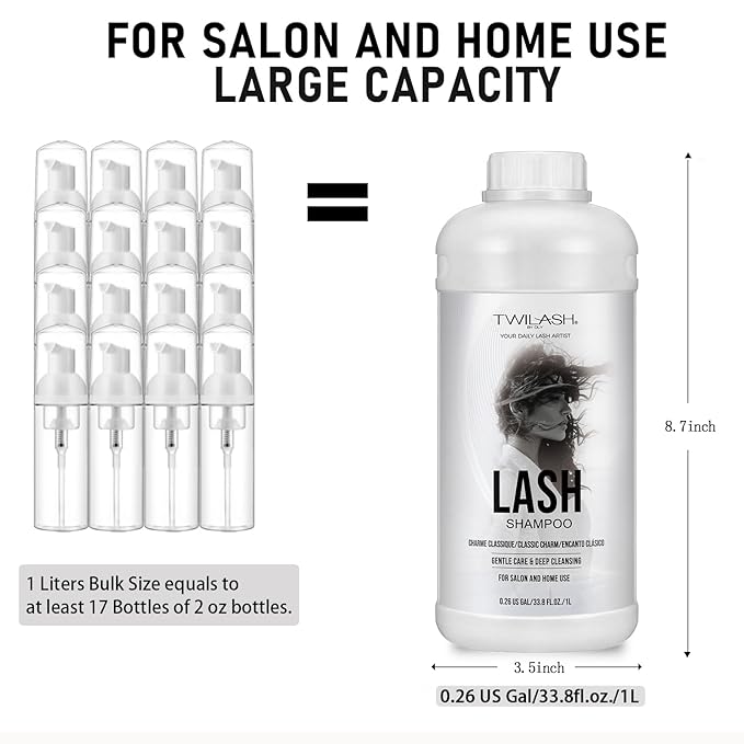 Lash Shampoo Bulk, Eyelash Cleanser for Extensions 1 Liters, Safe Makeup Remover, Non-irritating or Burning Formula Eyelid Foaming Cleanser for Professional Salon and Home Use (Classic Charm-1L)
