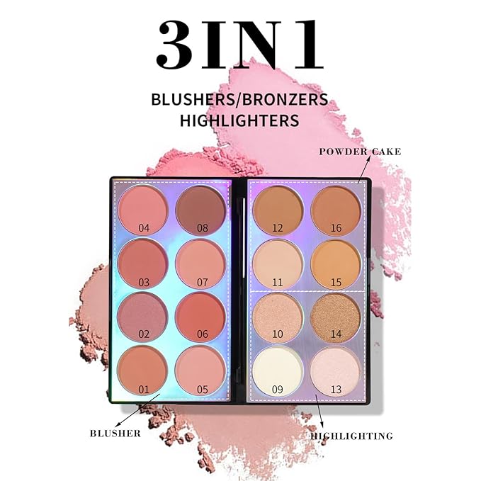 Blush Contour Highlighter Makeup Palette, 16 Color All-in-One Matte Shimmer Bronzer Facial illuminator Palette with Makeup Brush, Long Lasting and Soft Powder, Pro Makeup Powder Kit