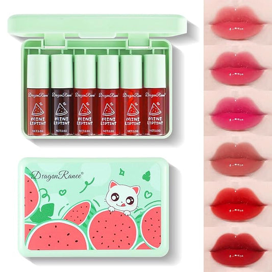 6 Colors Watermelon Lip Tint Stain Set, Korean Velvet Watery Lip Tint Moisturizing Mini Liquid Lip Gloss Lipstick, Multi-Use Lip and Cheek Tint, Long-Lasting, Vivid Color, Lightweight, High Pigment