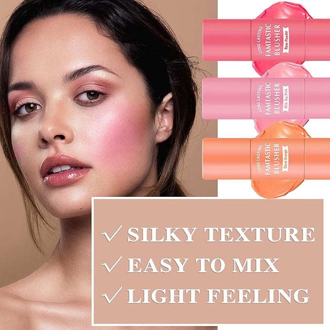 3 Pcs Cream Blush Stick with Brush,Waterproof Multi Cream Makeup Stick,Lightweight,Long-lasting,2 in 1 Multi Blush for Cheeks & Lip Tint & Eyeshadow Makeup,Suitable for All Skin