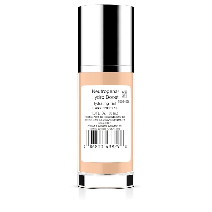 Neutrogena Hydro Boost Hydrating Tint with Hyaluronic Acid, Lightweight Water Gel Formula, Moisturizing, Oil-Free & Non-Comedogenic Liquid Foundation Makeup, 10 Classic Ivory, 1.0 fl. oz
