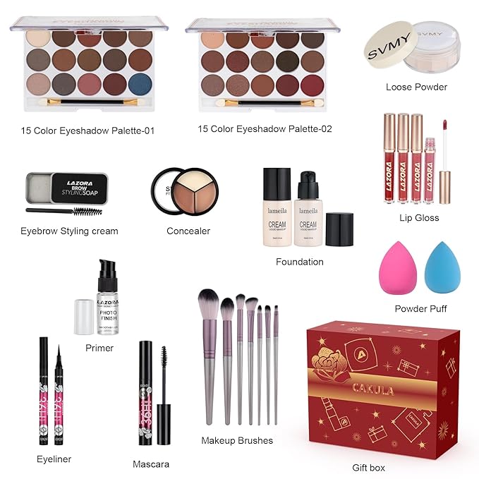 Women Full Kit Make up Kit Makeup Sets Women Includes Eyeshadow Palette Lip Gloss Liquid Lipstick Make up Sponge Brushes Eyebrow Concealer With Makeup Bag