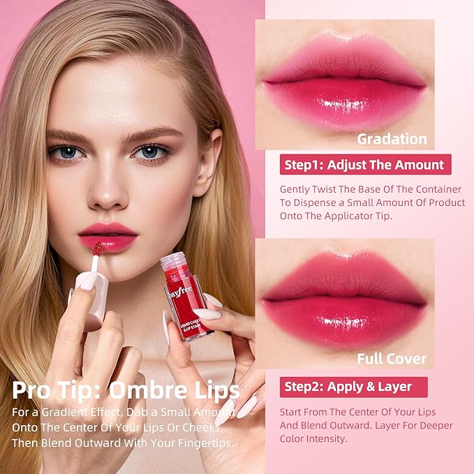 Liquid Cheek & Lip Stain, Korean Lip Tint with Moisturizing & Weightless, Non-Sticky, Long-Lasting, Kiss-proof, All Long-wearing, Vegan Makeup (Sheer Berry)