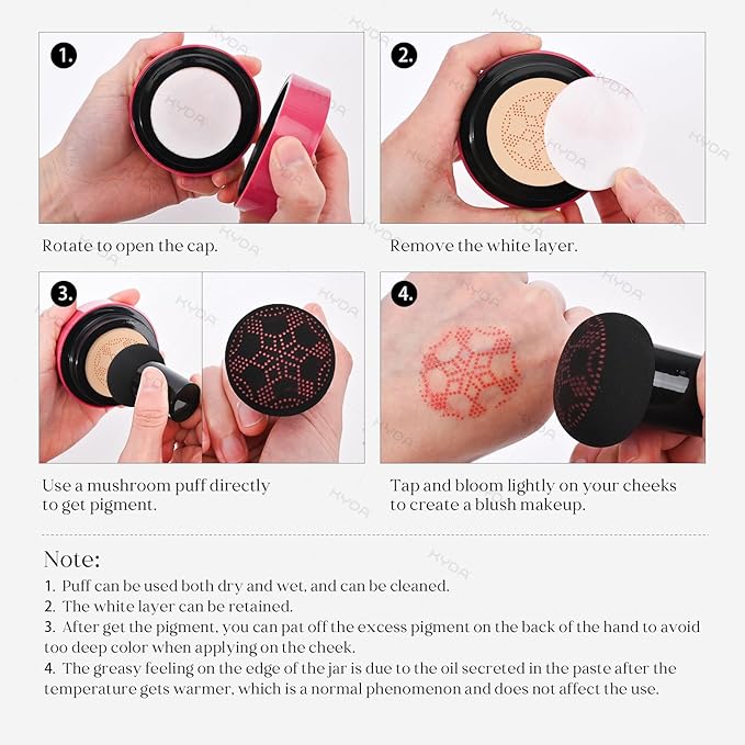 KYDA Air Cushion Blush, Mushroom Head Air Cushion Blusher, Natural Glow Liquid Blusher for Cheeks and Eyes, Buildable Matte Coverage, Lightweight Blendable, Silky Cream Blush Makeup, 01 Sweet Pink