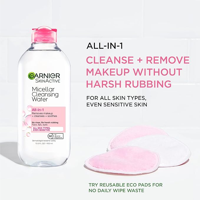 Garnier Micellar Cleansing Water, All-in-1 Makeup Remover and Facial Cleanser, For All Skin Types, 3.4 Fl Oz (100mL), 1 Count (Packaging May Vary) (Pack of 2)