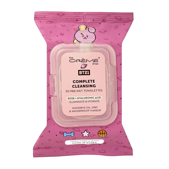 The Crème Shop BT21 COOKY Complete Cleansing Towelettes - Rose & Hyaluronic Acid (20 Pre-Wet Towelettes)