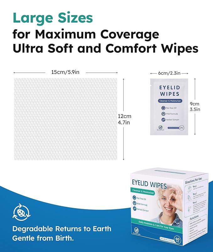 60 Packs Eyelid Cleansing Wipes for Dry Eye & Blepharitis + 30 Packs Steam Eye Mask Chamomile