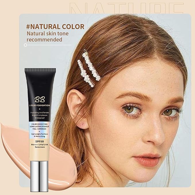 BB Cream with SPF 50, Waterproof Long Lasting Full Coverage Fine Line, Redness and Dark Circles, Hide Pores, Evens Skin Tone, Lightweight Hydrating BB Cream for All Skin Types (Natural)