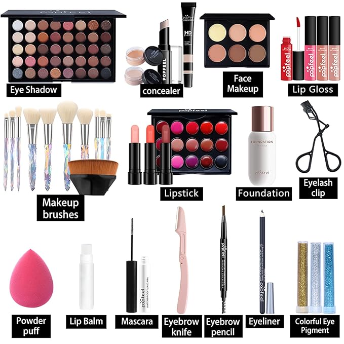 Pure Vie All-in-One Holiday Gift Surprise Makeup Set Essential Starter Bundle Include Eyeshadow Palette Lipstick Concealer Blush Mascara Eyeliner Face Powder Lipgloss Brush - Full Makeup Kit for Women