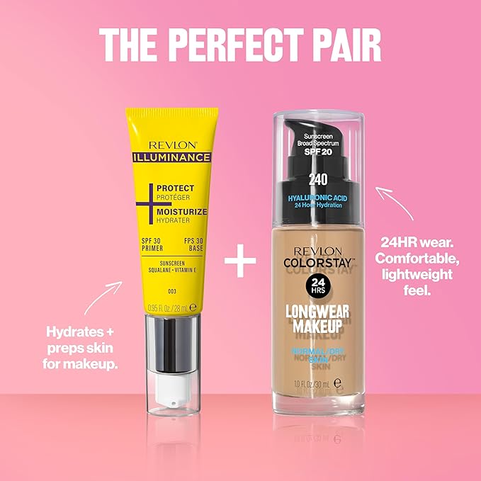 Revlon Illuminance Moisturizing Primer with SPF 30, Face Makeup Primer with Sunscreen, Squalane & Vitamin E, No White Cast, Transparent Finish, 003, 0.95 fl oz