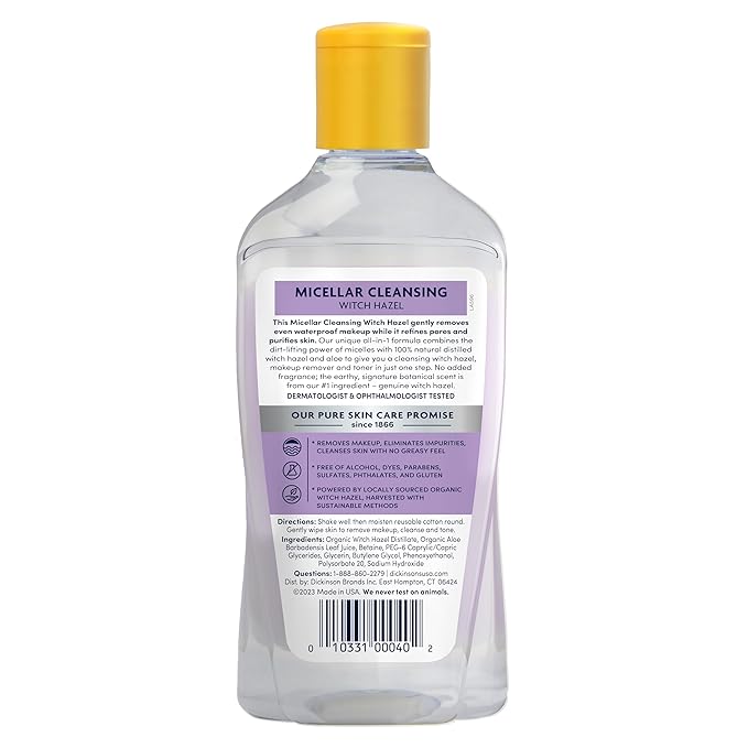 Dickinson's Micellar Cleansing Witch Hazel, An All-in-1 Makeup Remover, Pore Refiner, Skin Cleanser and Toner; Alcohol Free with Aloe, for Sensitive Skin, 16oz (Pack of 2)
