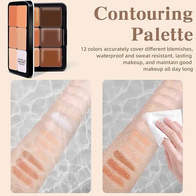 12 Colors Cream Concealer Foundation Palette, Long-Wearing Smudge Proof Blendable Full Coverage Cream Contour Blush Highlighter Color Correcting Concealer Foundation Palette Makeup