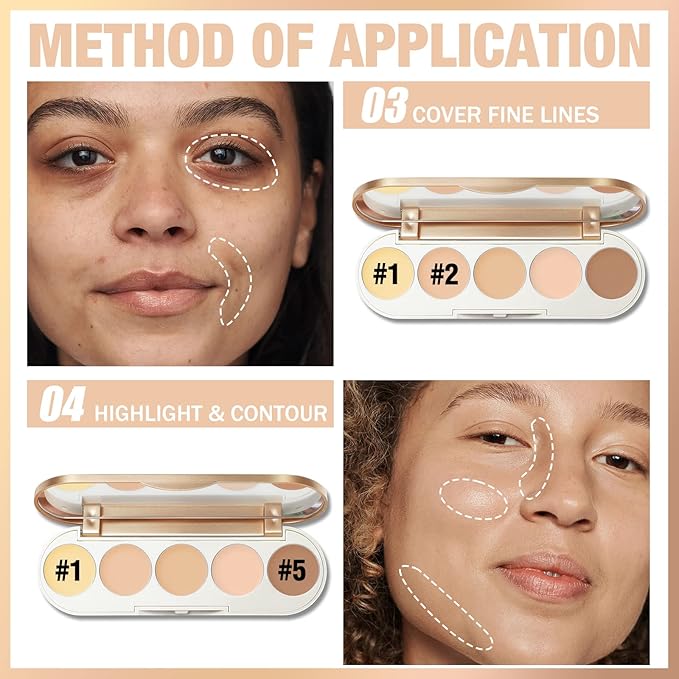 FOCALLURE #GoldenAge 5 in 1 Multi Uses Concealer Palette, 5 Colors Correcting Conceal Palette, Camouflage Contour Palettes for Dark Circles, Face Contouring Highlighter Pallet, NE01 LIGHT