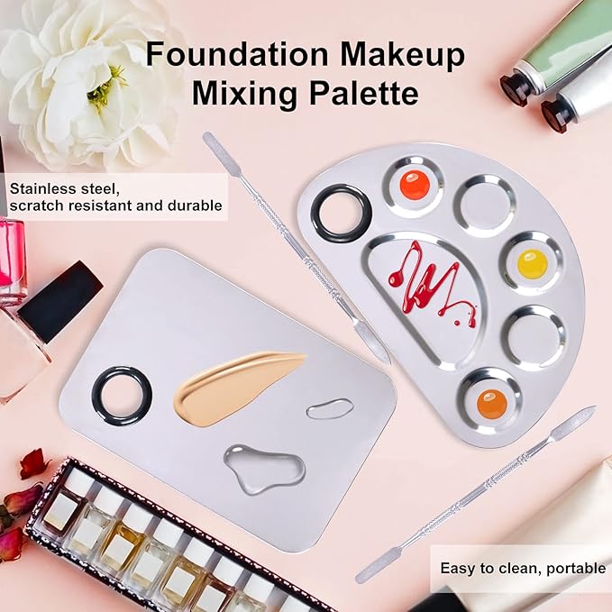 Stainless Steel Metal Makeup Palette with Spatula Artist Tool for Mixing Foundation Nail-Art, Cosmetic Makeup Palette, Makeup Plate, 6×4"/Silver/2pcs