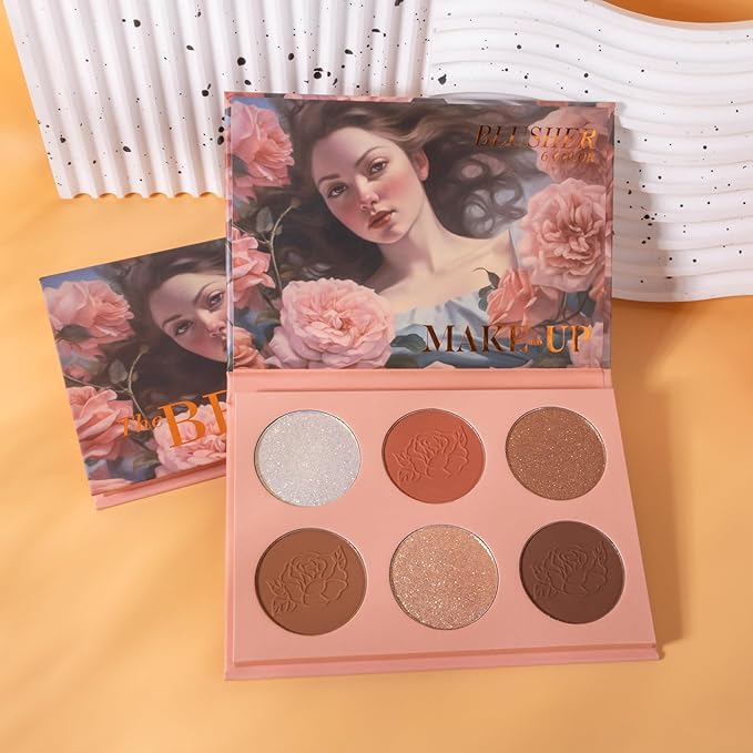 6 Shade Rose Blush Palette, Velvety Fine Texture, High Color Payoff, 3 Shimmer & 3 Matte Blush Shades, Beginner-Friendly, Soft Natural Colors, No Fading