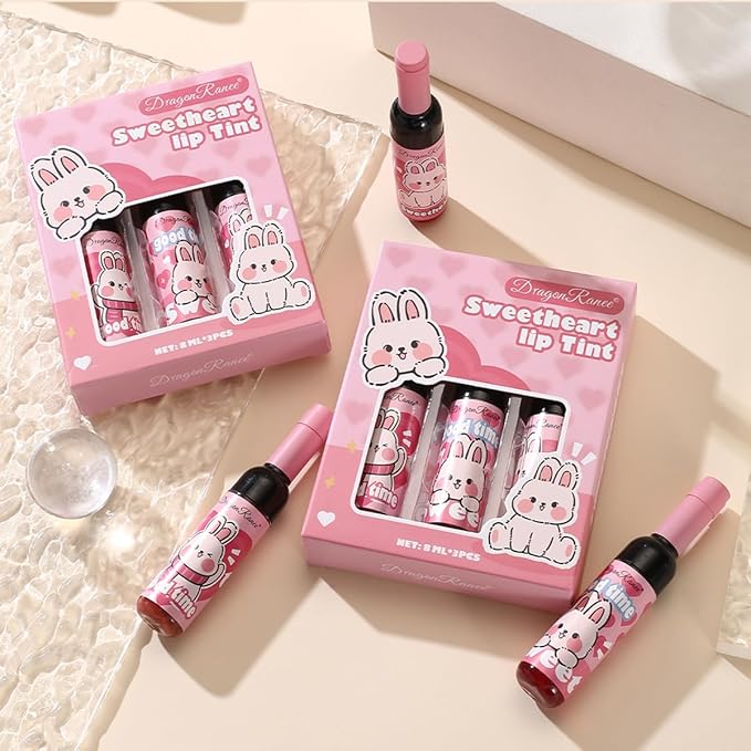 Wine Bottle Lip Tint Set, Long-Lasting 3 Colors Lip Tint, Smudge-Proof Liquid Lipstick for All-Day Wear, Cute Pink Package, Ideal Makeup Gift for Girls and Women