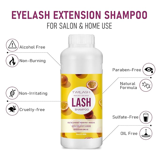 600ml Lash Shampoo Bulk, Eyelash Cleanser for Extensions, Safe Makeup Remover, Non-irritating or Burning Formula Eyelid Foaming Cleanser Best for Professional Salon and Home Use (Passion Fruit)
