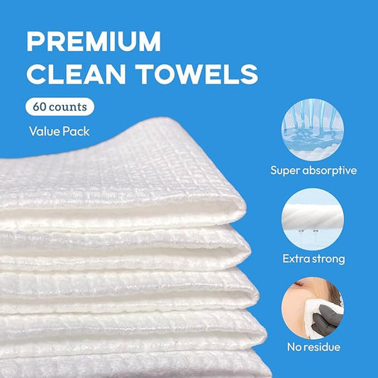 GEN'C BÉAUTY Premium Disposable Clean Towel | Biodegradable Fabric | Ultra Soft & Absorbent| EF Textured Face Towel| Makeup Removing Towel (60 count (Pack of 2))