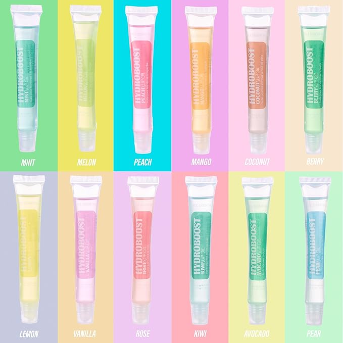 12pc Lip Oil Set - Flavored Lip Oils Value Pack, Hydrating Lip Oils w/Squeeze Tube Application, Moisturizing Lip Oil Collection for Everyday Lip Care and Lip Repair (HYDROBOOST)