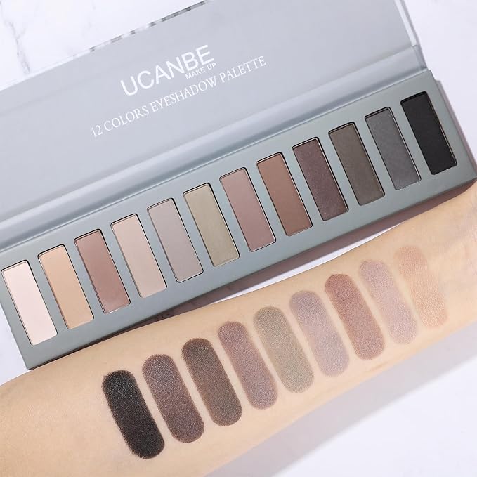 UCANBE 12 Color Eyeshadow Makeup Palette, Naked Nude Eye Shadow, Neutral Matte Shimmer Make Up Pallet with Double-ended Brush Set Kit, Highly Pigmented Long Lasting Waterproof