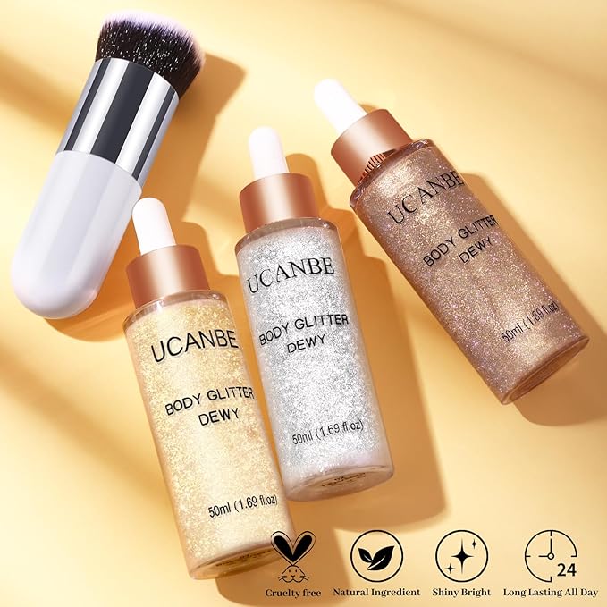 UCANBE 3 Pcs Face Body Glitter Liquid Highlighter Illuminator Dewy Drops with Makeup Brush, Makeup Sparkle Shine Luminizer Enhancer Body Shimmer Tint 50ml/1.69oz x 3 (3Pcs, Standard)