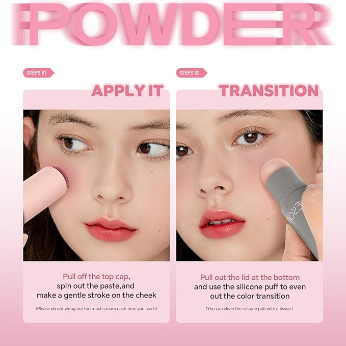 Cream to Powder Blush Stick, Built-In Jelly-like Silicone Makeup Applicator, Buildable & Blendable, Multi-use Blush Makeup Stick for Cheeks, Lips and Eyes, 03 NEVER TOO MUCH