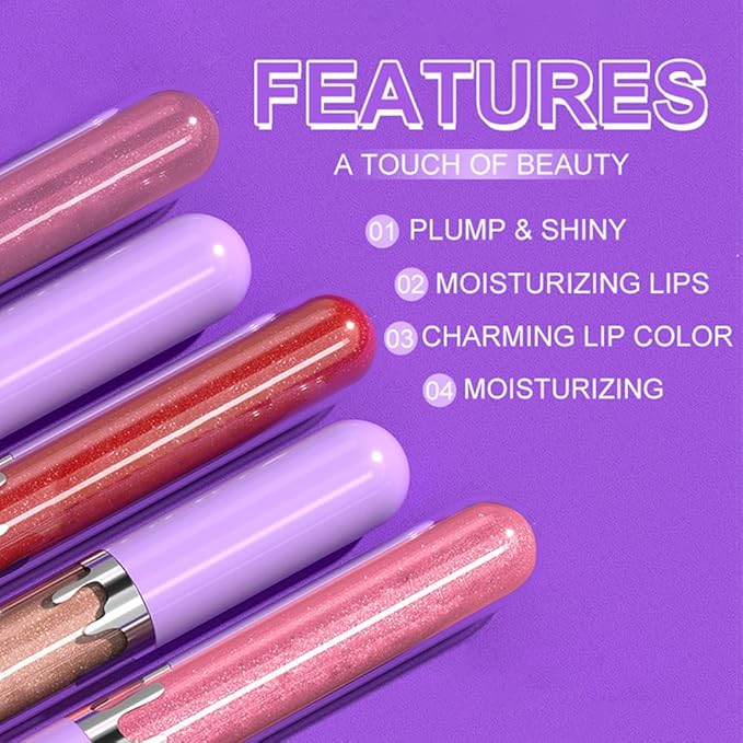 5Pcs Glitter Liquid Lip Gloss Set, Diamond Shimmer Lipstick, Waterproof Shimmer Lip Stain Lip Glaze, High Shine Long Lasting Shiny Lip Color Makeup (Set:Y-03)