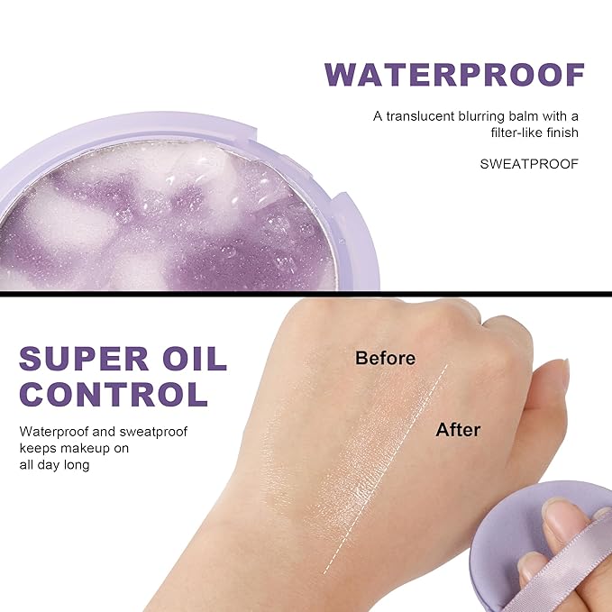Lavender Face Matte Setting Powder, Oil Control Pressed Matte Blurring Balm, Pores & Fine Lines, Lavender Jelly Pressed Setting Balm with Mini Puff, Powder-free, #01 Fancy