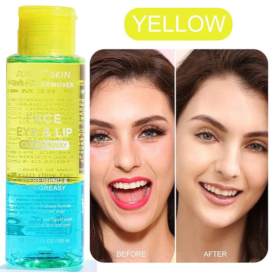 Oil-Free Dual Phase Makeup Remover – Gentle on Sensitive Eyes, Removes Waterproof Makeup | Moisturizing 3-in-1 Formula (100ml YELLOW)
