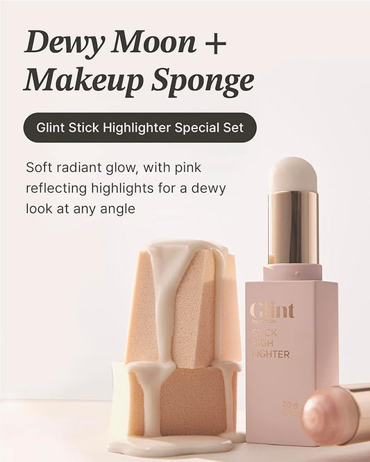 Glint Stick Highlighter Special Set (Dewy Moon(Set), 0.24oz + Egg-Shaped Makeup Sponge) - Multi-Use Illuminator Stick. Korean Makeup by LG Beauty. Creamy & Blendable Color.
