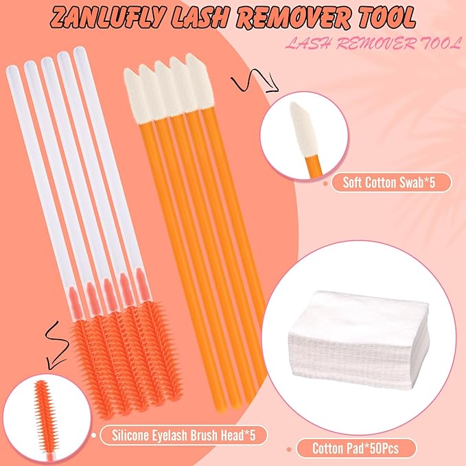 Lash Remover Kit for Lash Clusters&Makeup Eyelash Glue Remover Gel Individual Lash Glue Remover 20ml for Cluster Lashes with 50Pcs Cotton 5 Lash Brush 5 Wand Nourishing Eye Cleanser