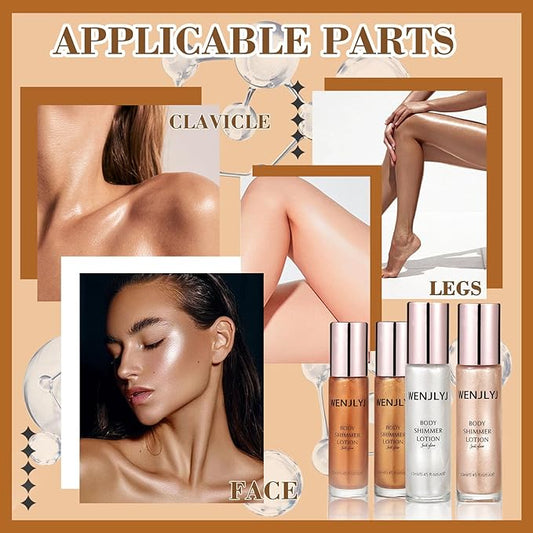Body Shimmer Oil Set,Waterproof Body Glitter Oil for Face & Body,High Glossy Long Lasting Moisturizing Body Luminizer Glow,Multi-purpose Body Glitter Oil Liquid Illuminator Highlighter(4 Pcs)