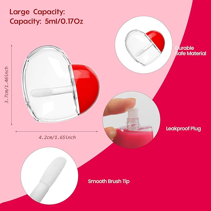 RONRONS 20 Pieces Heart Lip Gloss Tubes, Clear Plastic Empty Lip Gloss Container Cute Heart Shape Mini Lipgloss Tubes with Wand Bulk for Women Girls DIY Cosmetics Small Business